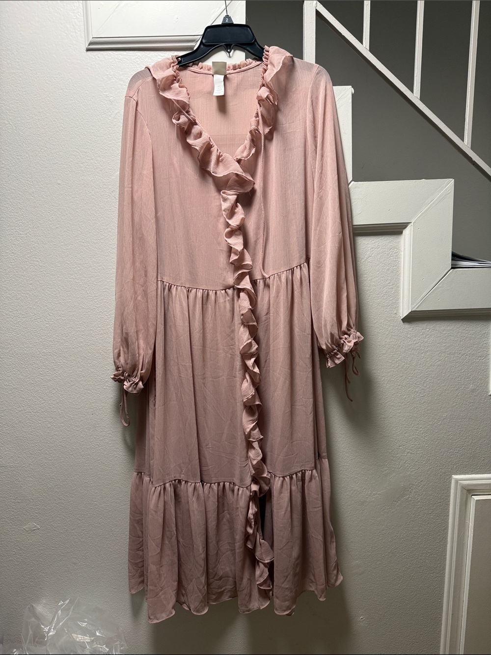 H&M Blush Pink Ruffle-Front Long Sleeve Midi Dress